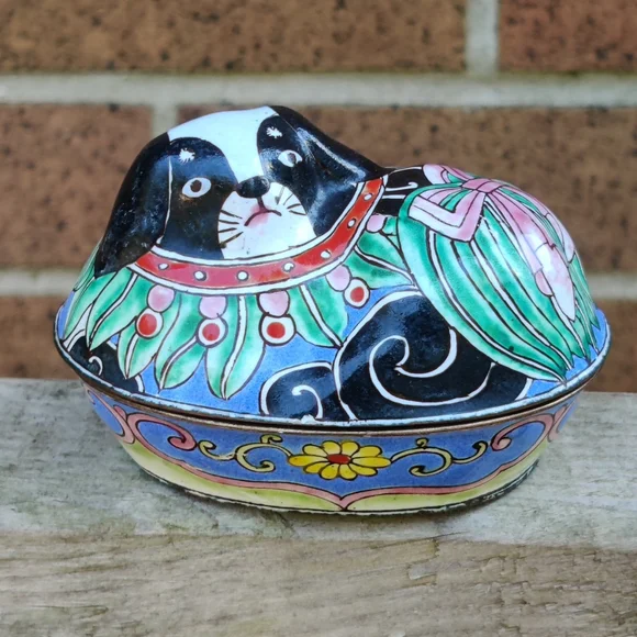 Antique Copper Enameled Chinese Dog Trinket Box - Picture 3 of 7